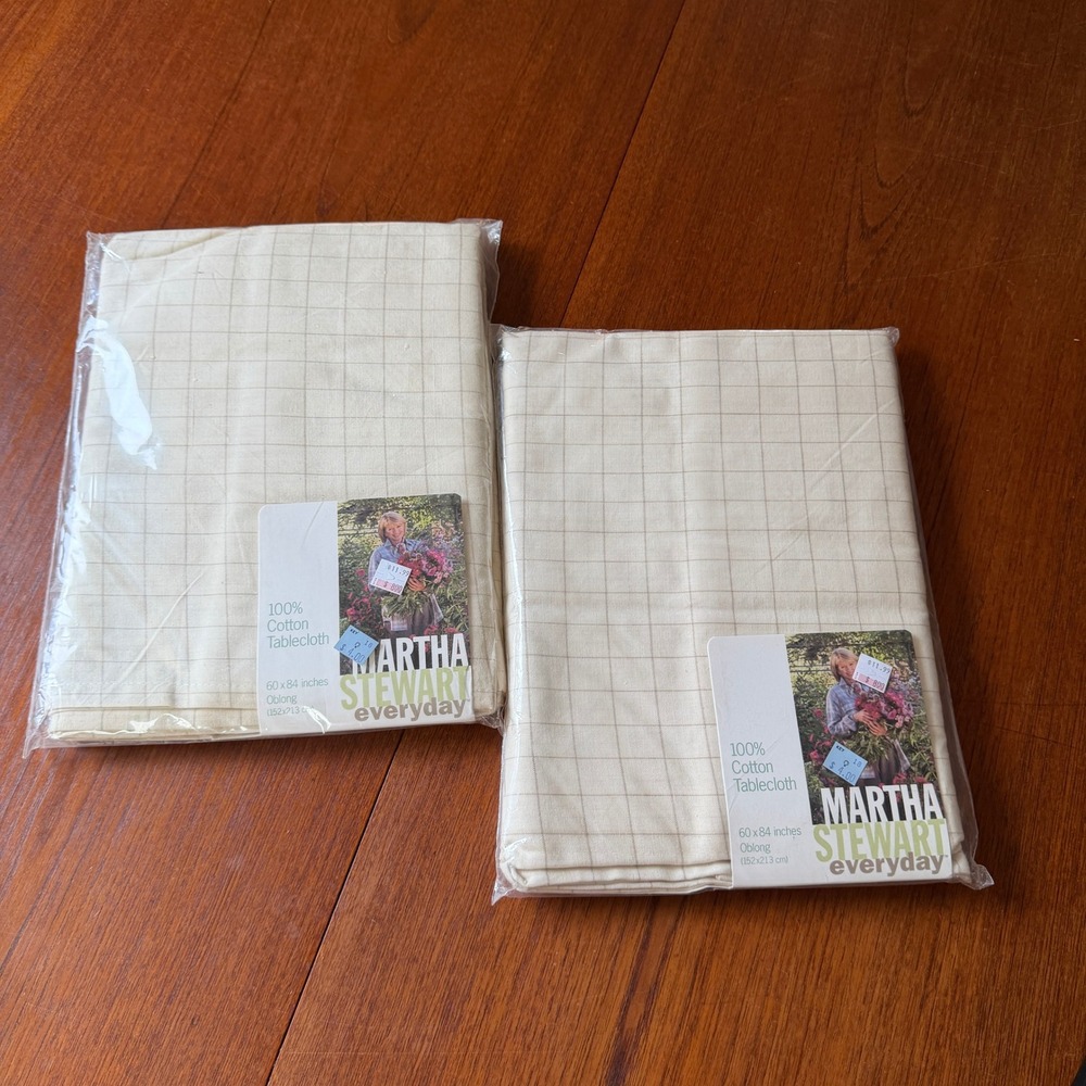 TWO NEW VTG Martha Stewart Everyday Cotton Tablecloth 60x84 Oblong Cream Grid